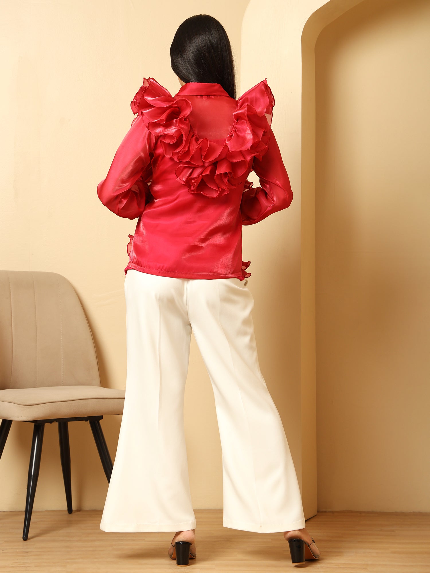 Organza pink top and with flared pants and Slip