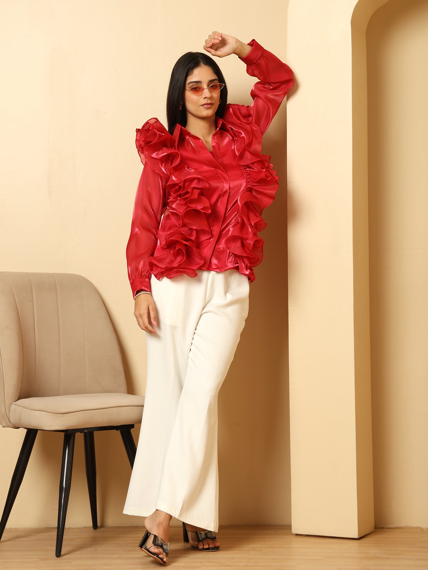 Organza pink top and with flared pants and Slip