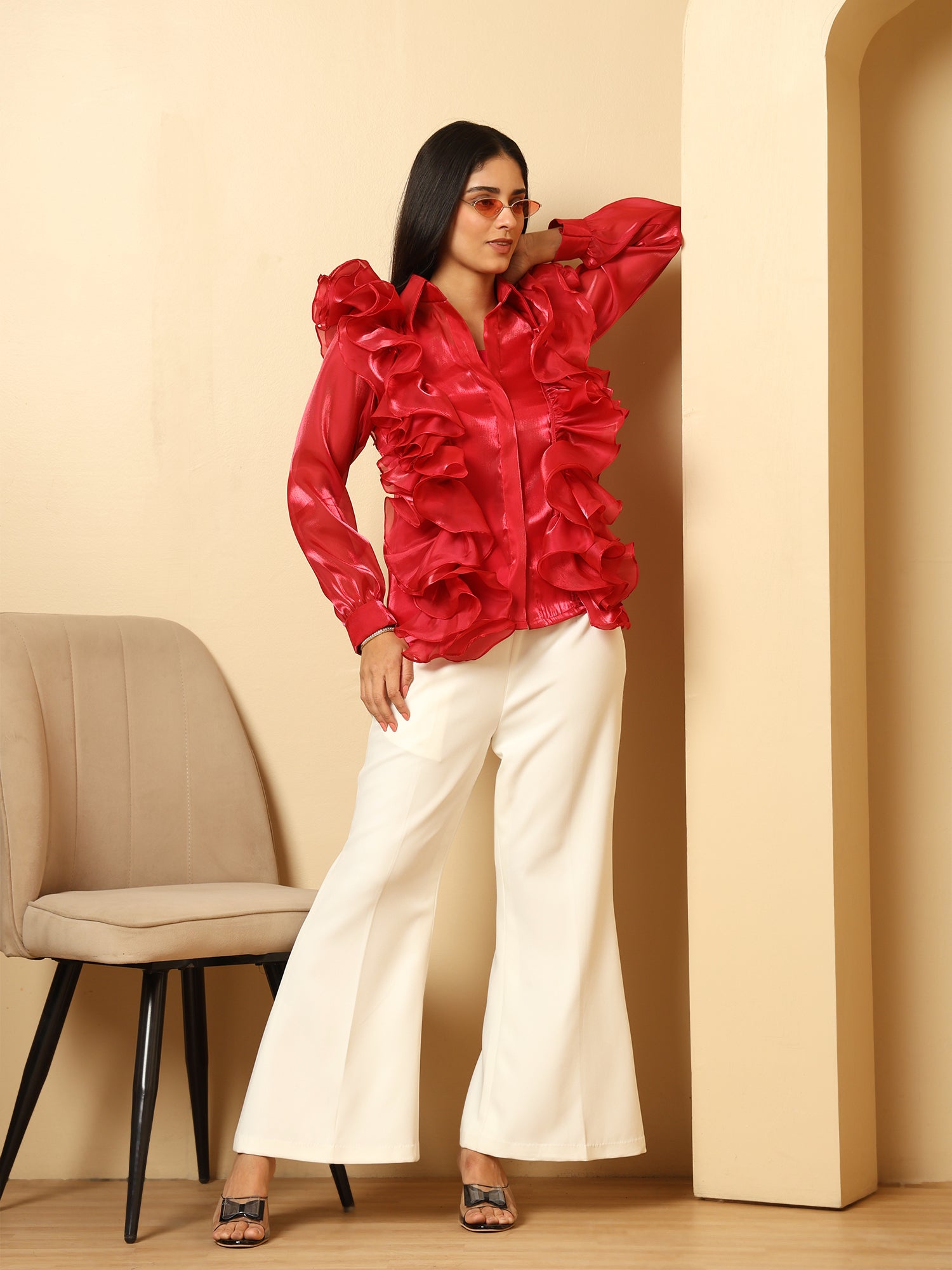Organza pink top and with flared pants and Slip