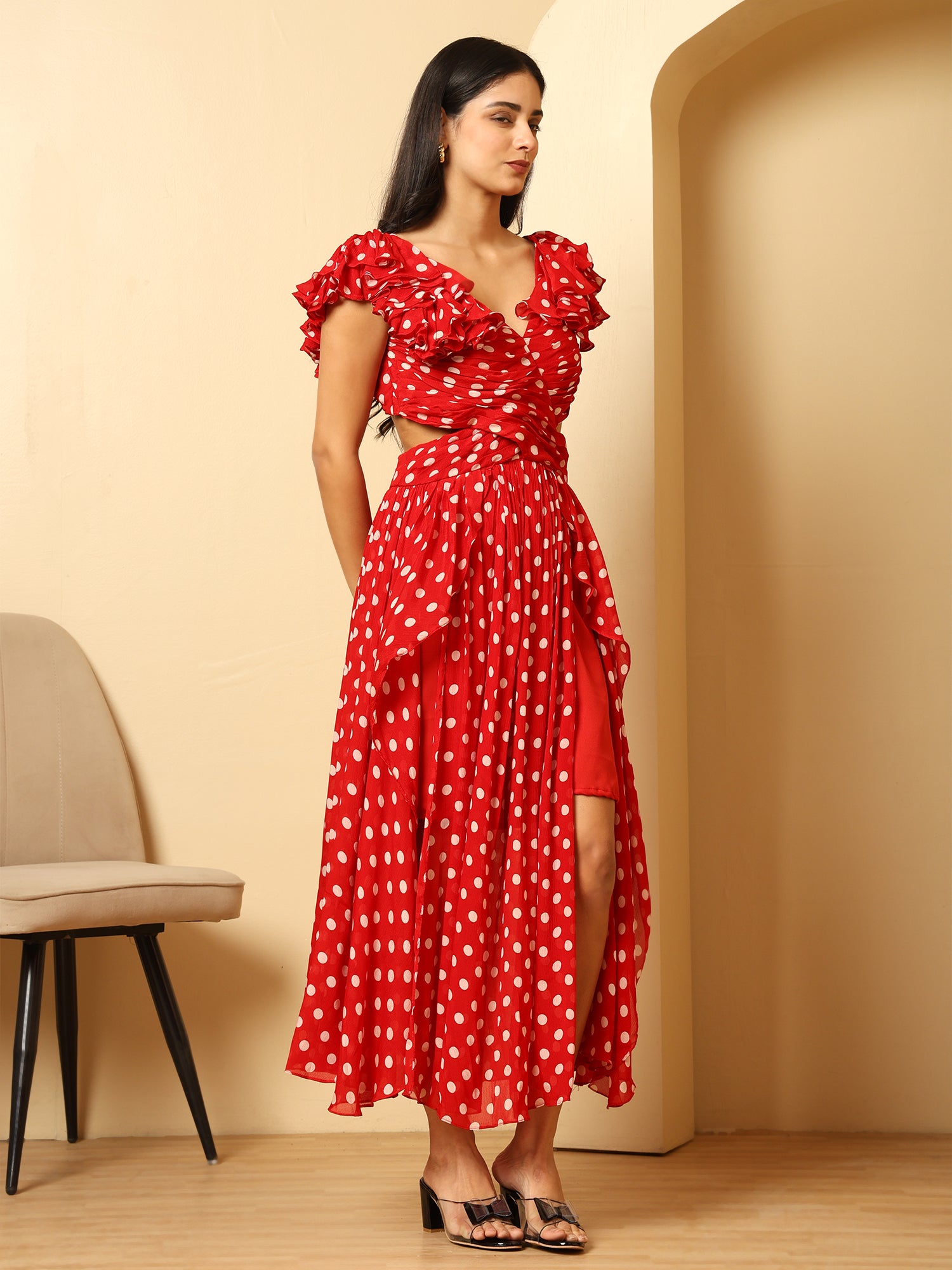 Women red polka Dot print maxi A line Midi Dress