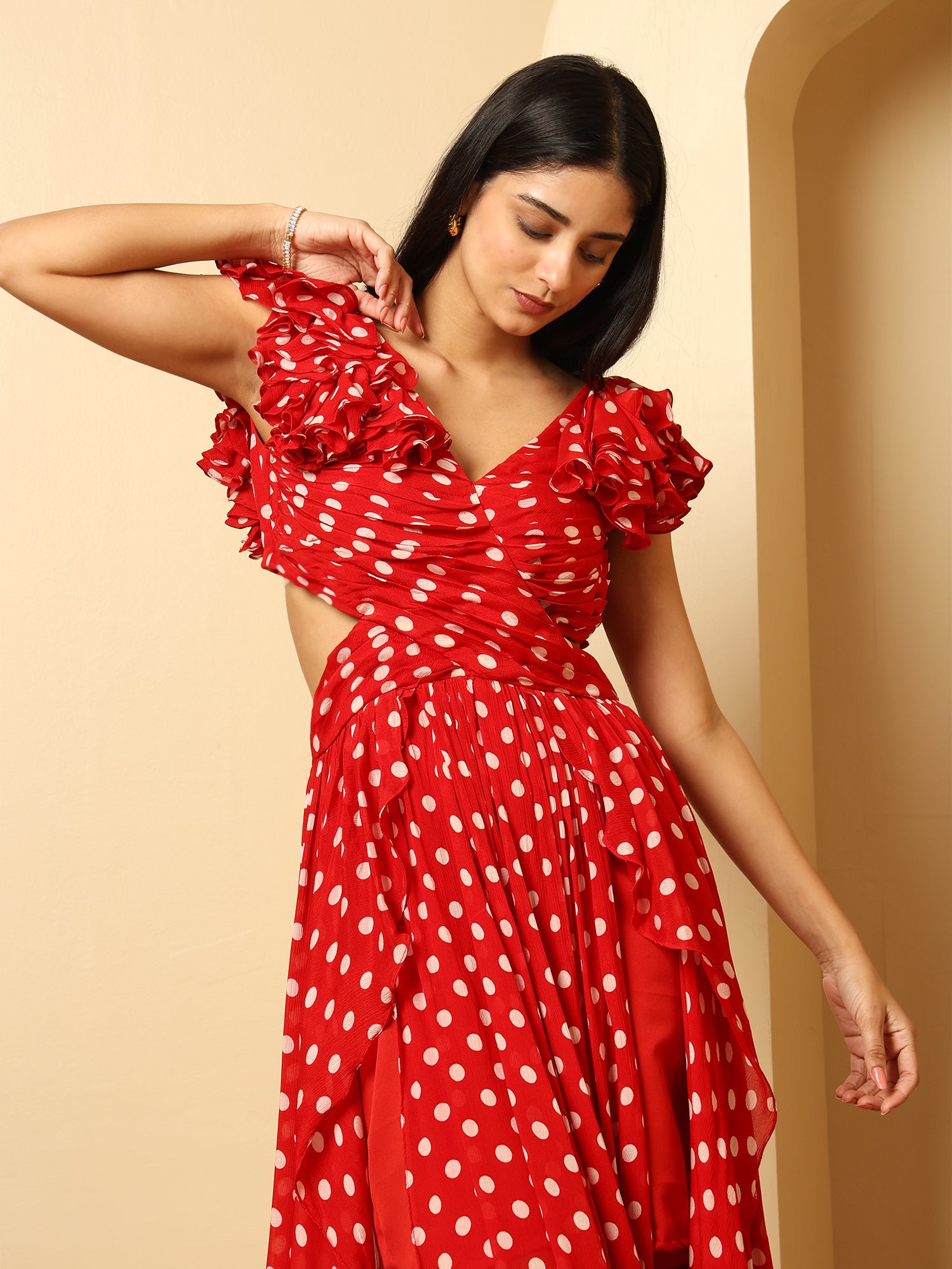 Women red polka Dot print maxi A line Midi Dress