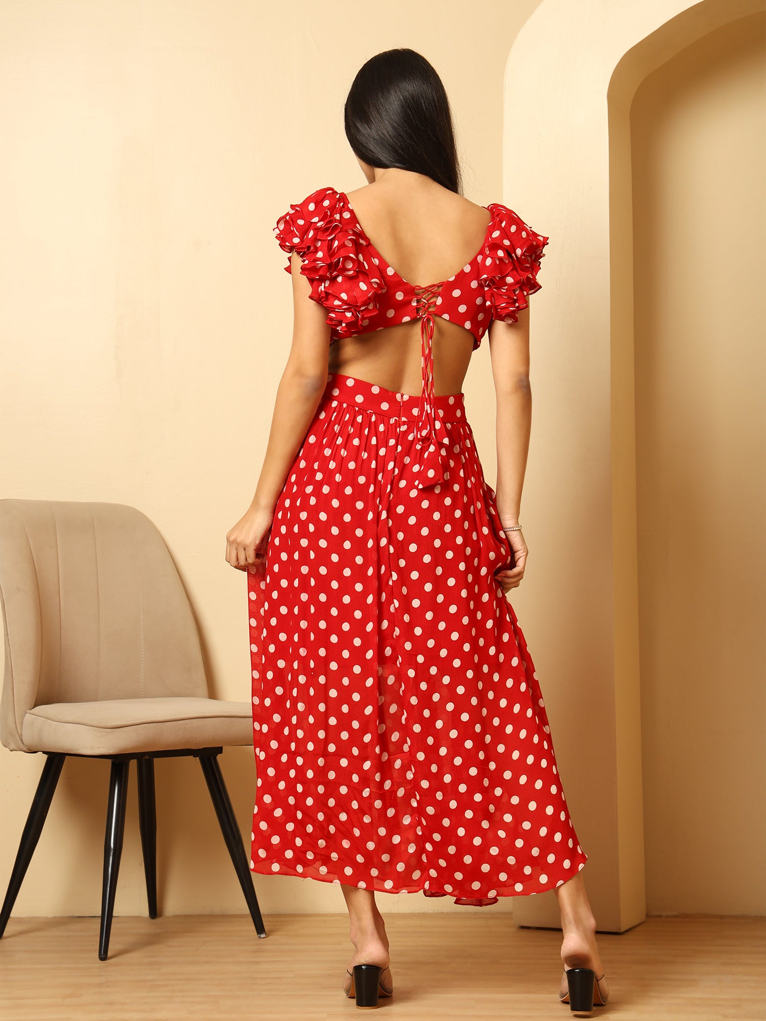 Women red polka Dot print maxi A line Midi Dress