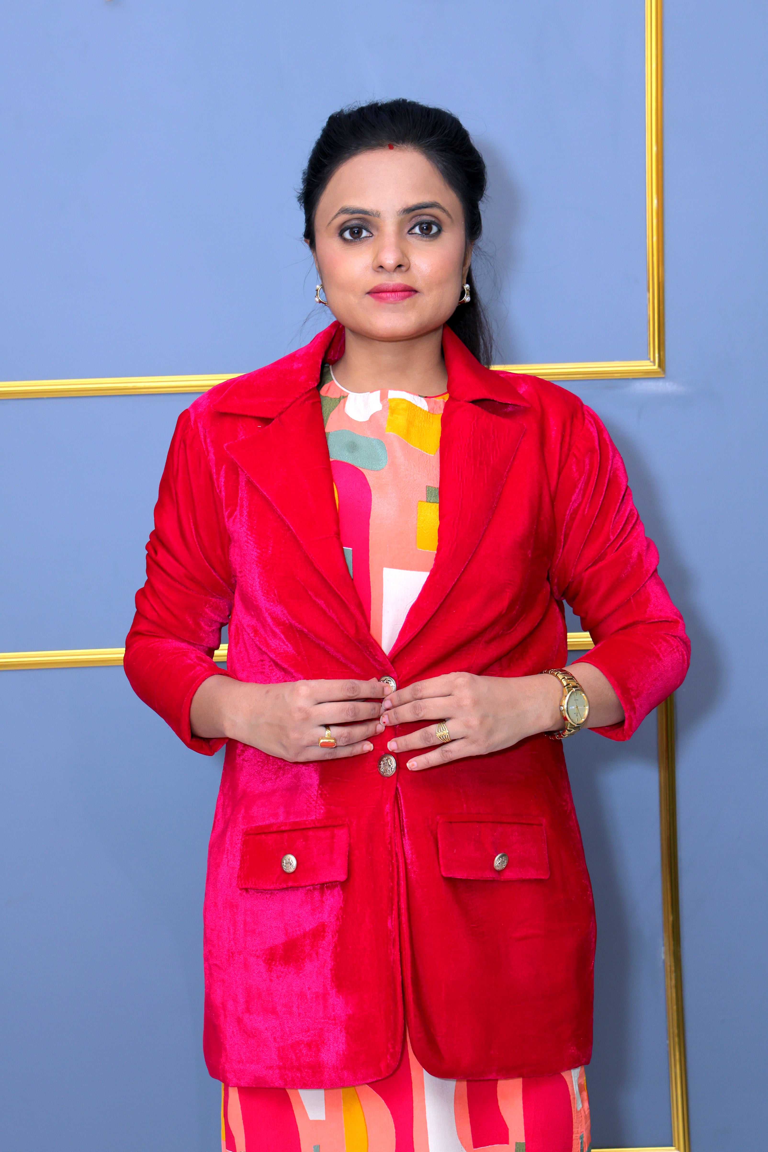 Abstract Print Dress with Velvet Blazer – Elegant & Versatile Look