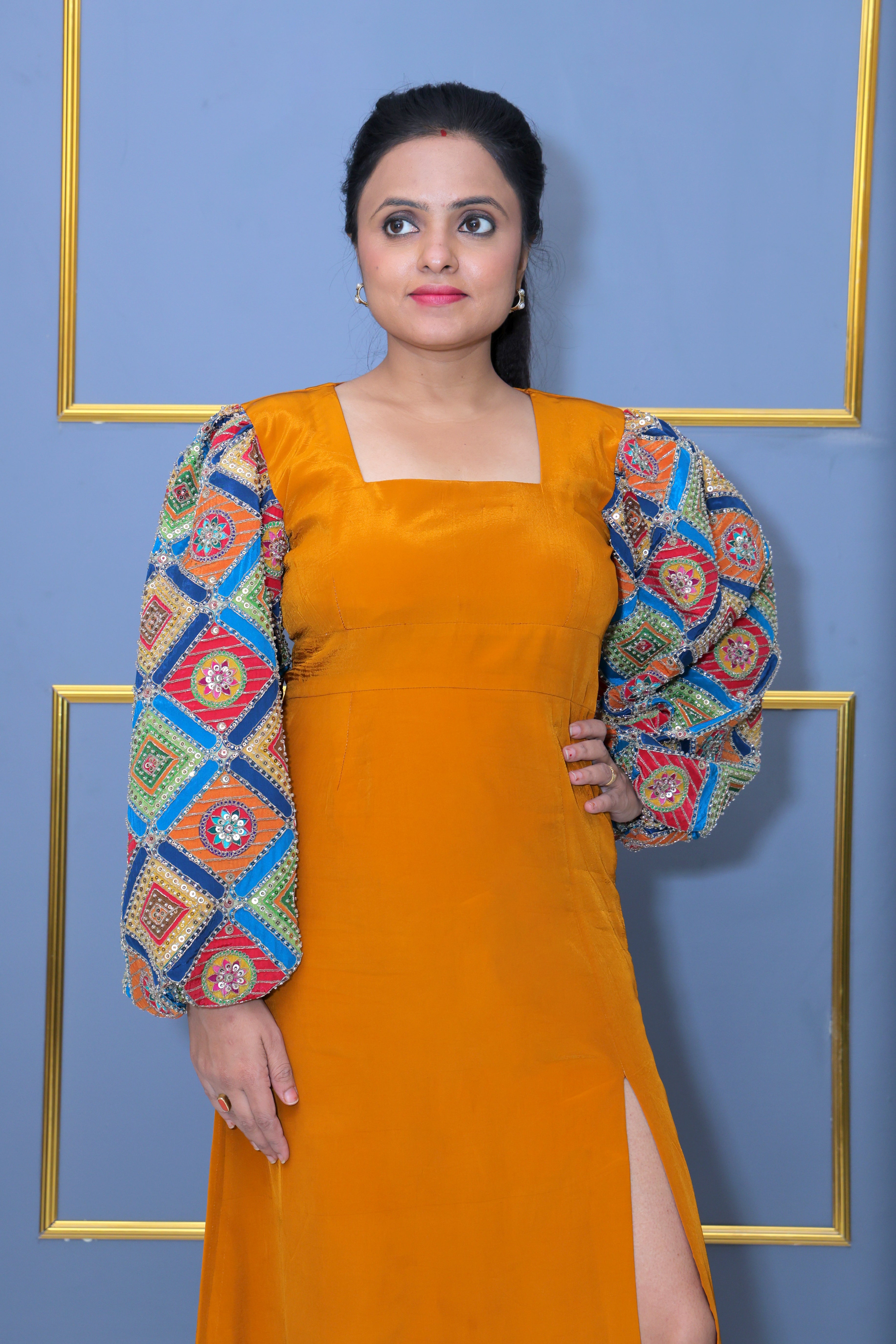 Mustard Crepe Dress with Hand-Embroidered Statement Sleeves