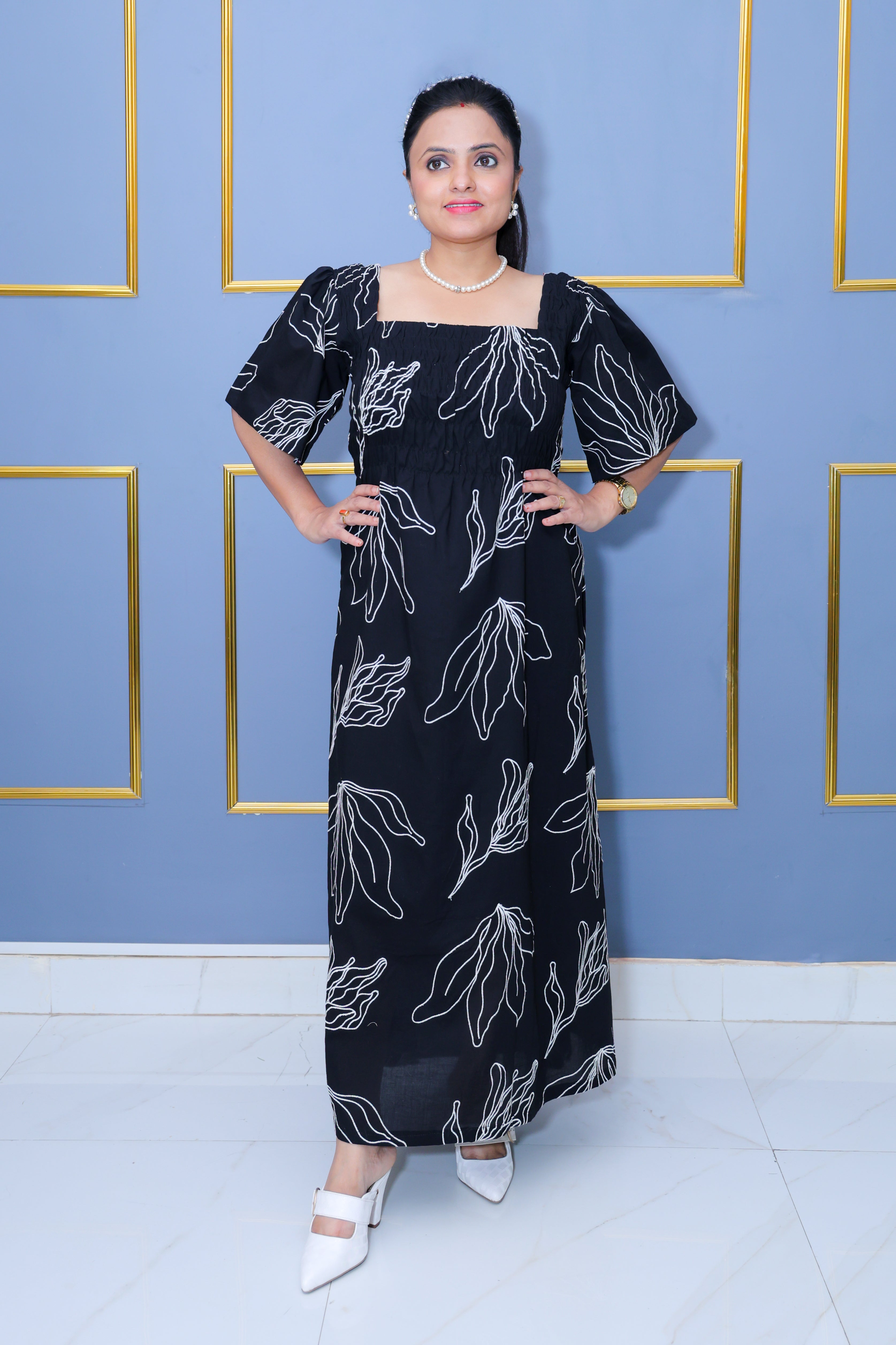 Black Pure Cotton Dress with White Hand Embroidery