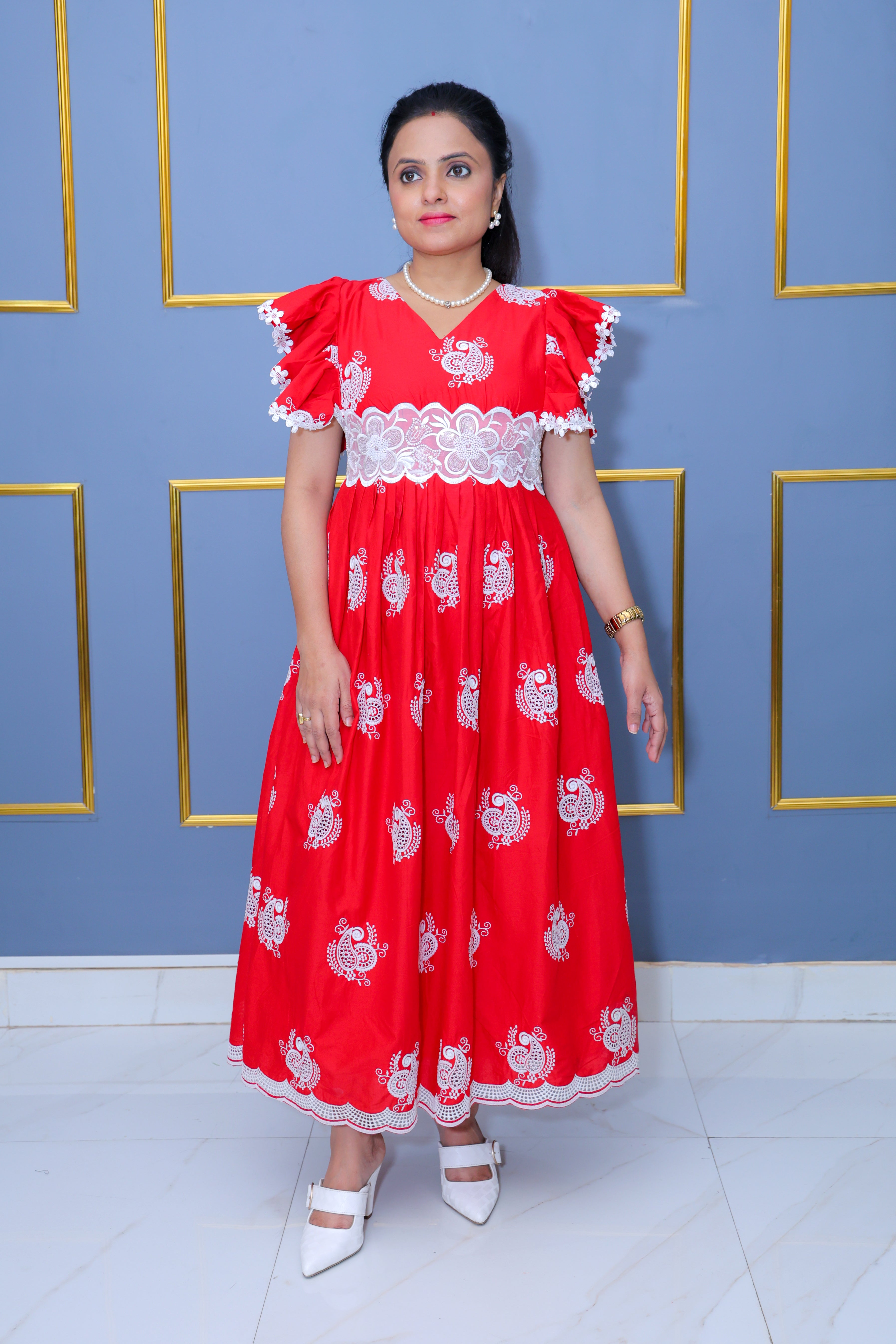 Red Pure Cotton Dress with Hand Embroidery & Lace Detailing