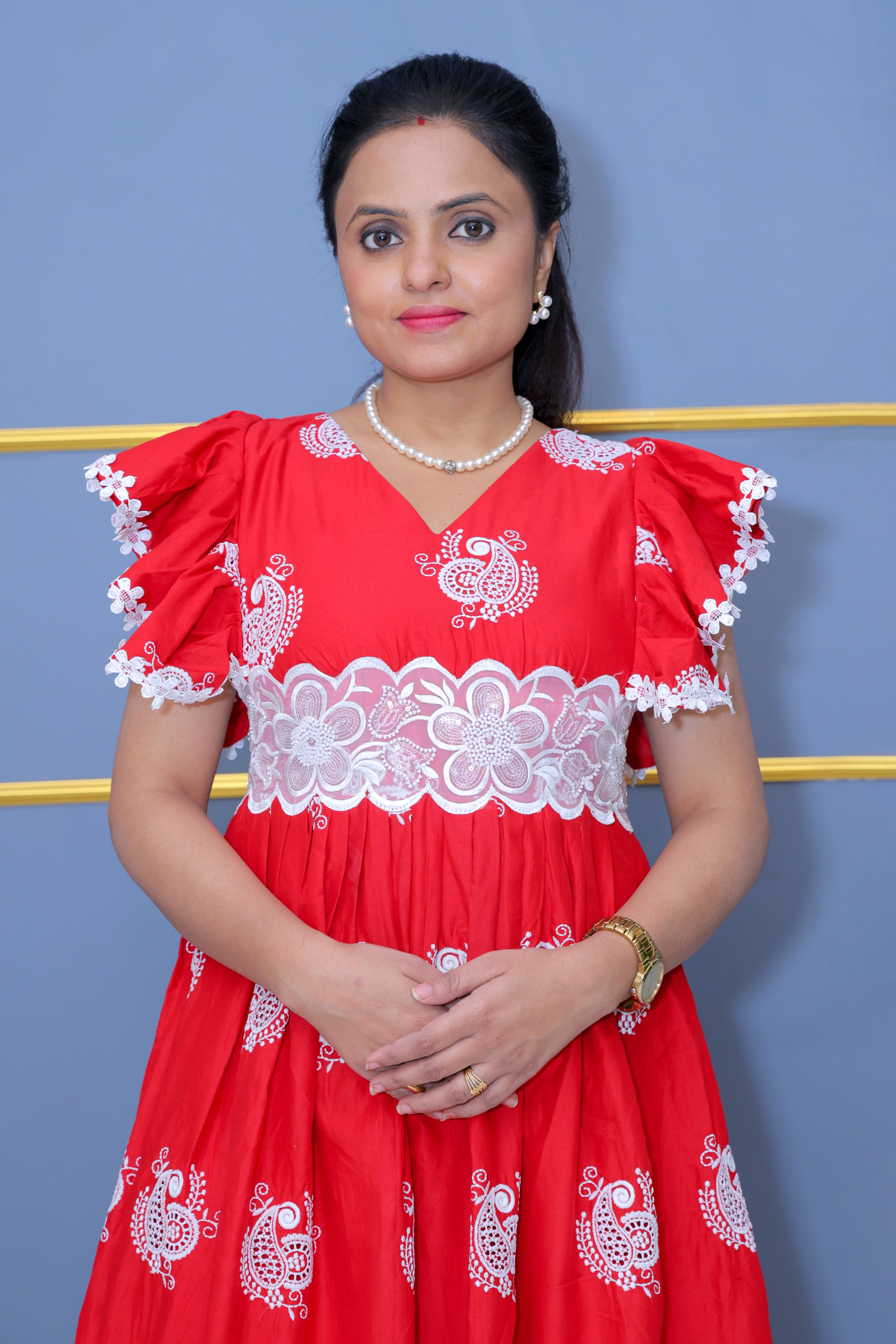 Red Pure Cotton Dress with Hand Embroidery & Lace Detailing