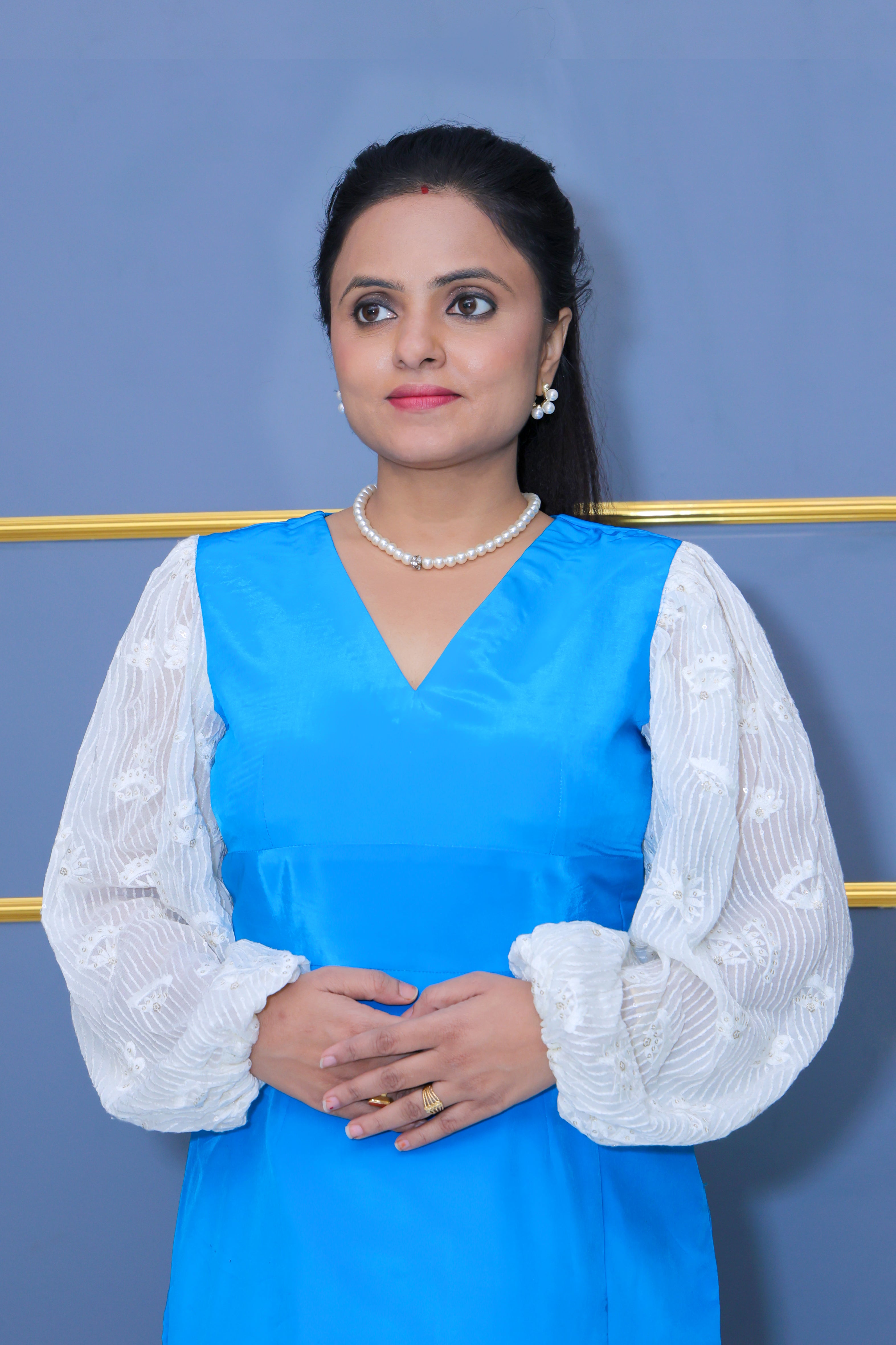 Sky Blue Crepe Cocktail Dress with Hand-Embroidered Georgette Sleeves