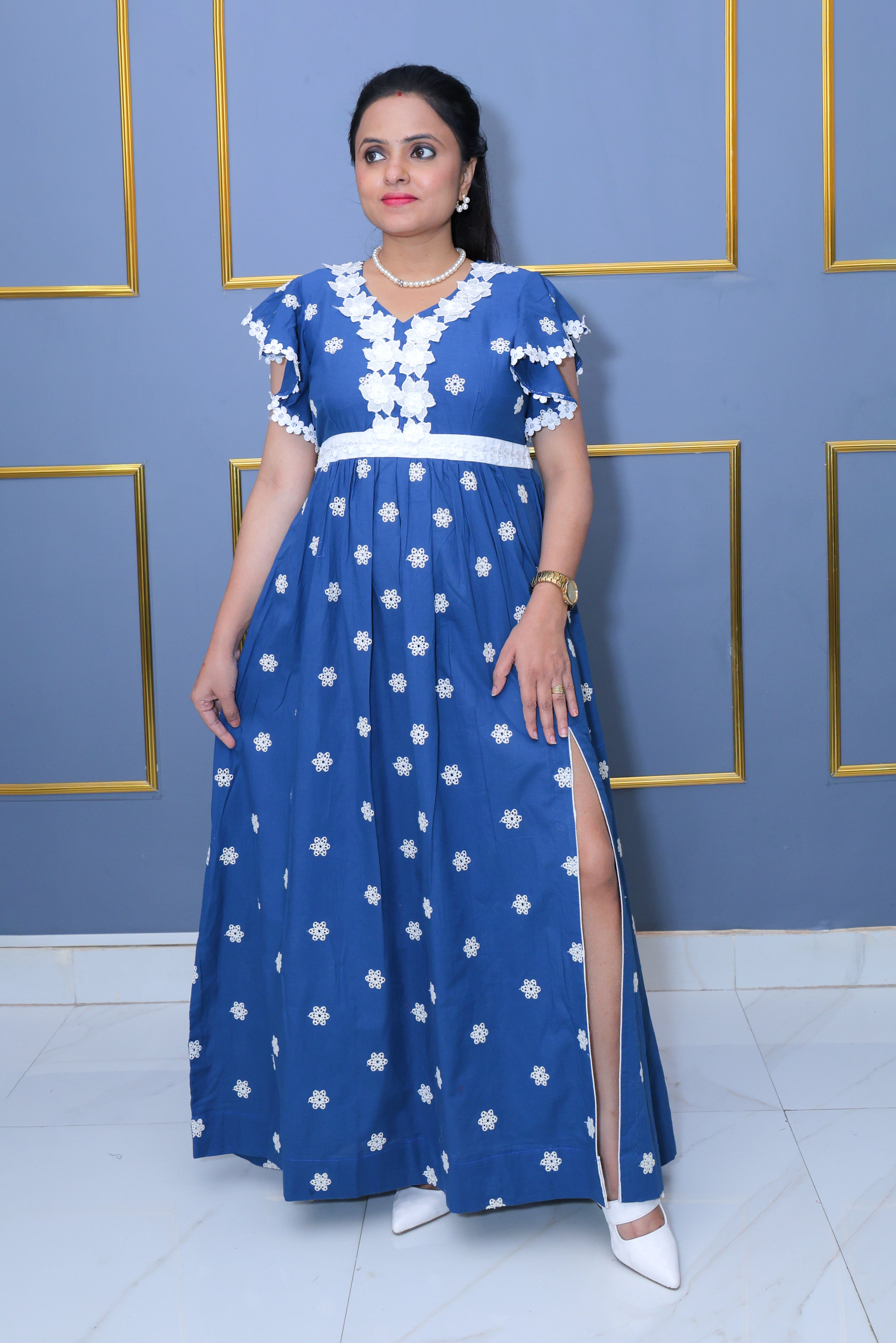 Royal Blue Cotton Maxi Dress with Hand Embroidery & White Lace Detailing