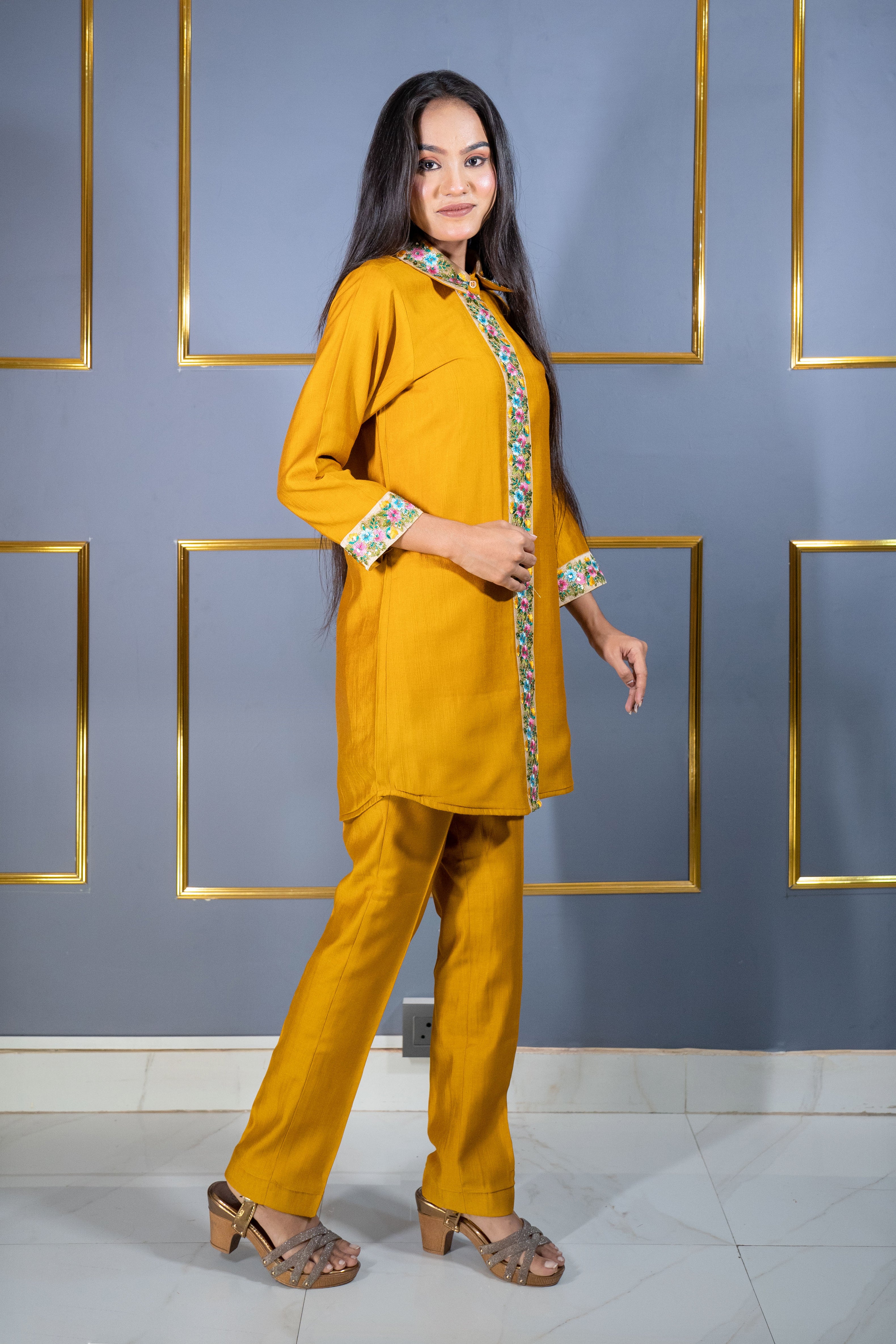 Mustard Yellow Cotton Co-ord Set with Floral Lace Detailing