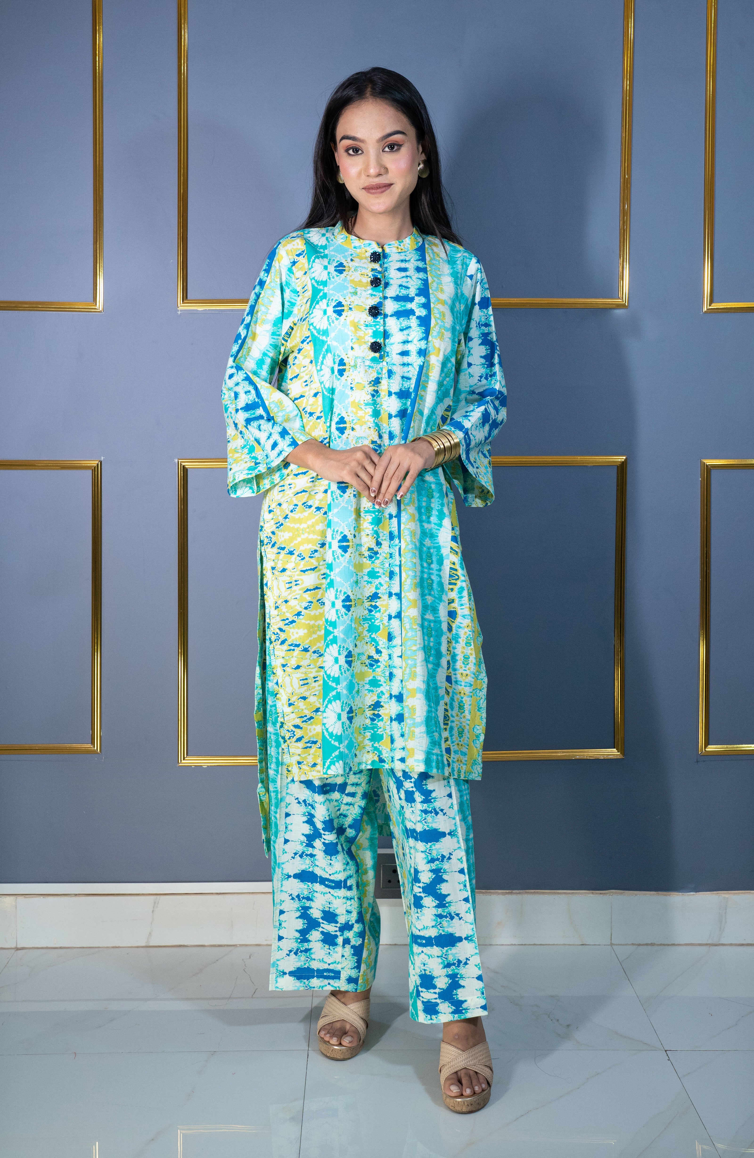 Aqua Blue & Yellow Cotton Printed Cord Set