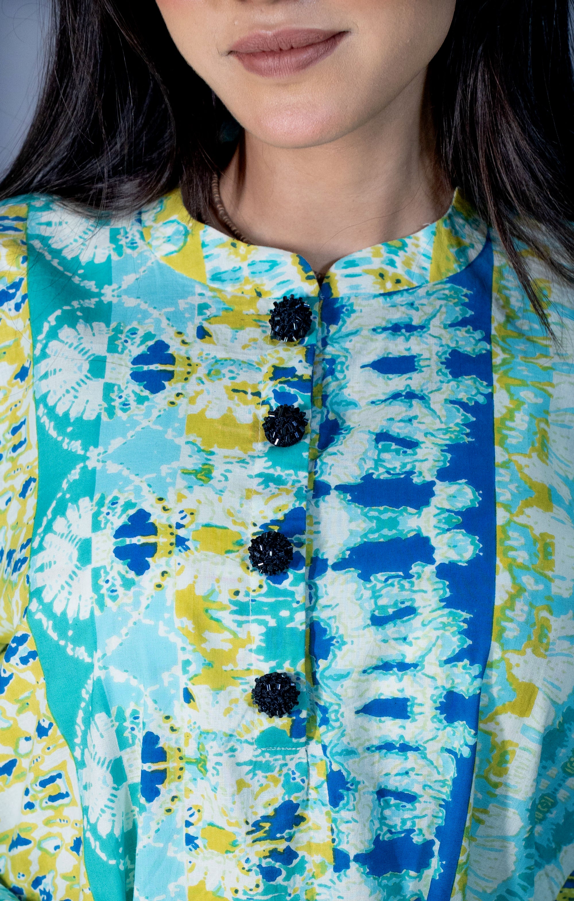 Aqua Blue & Yellow Cotton Printed Cord Set